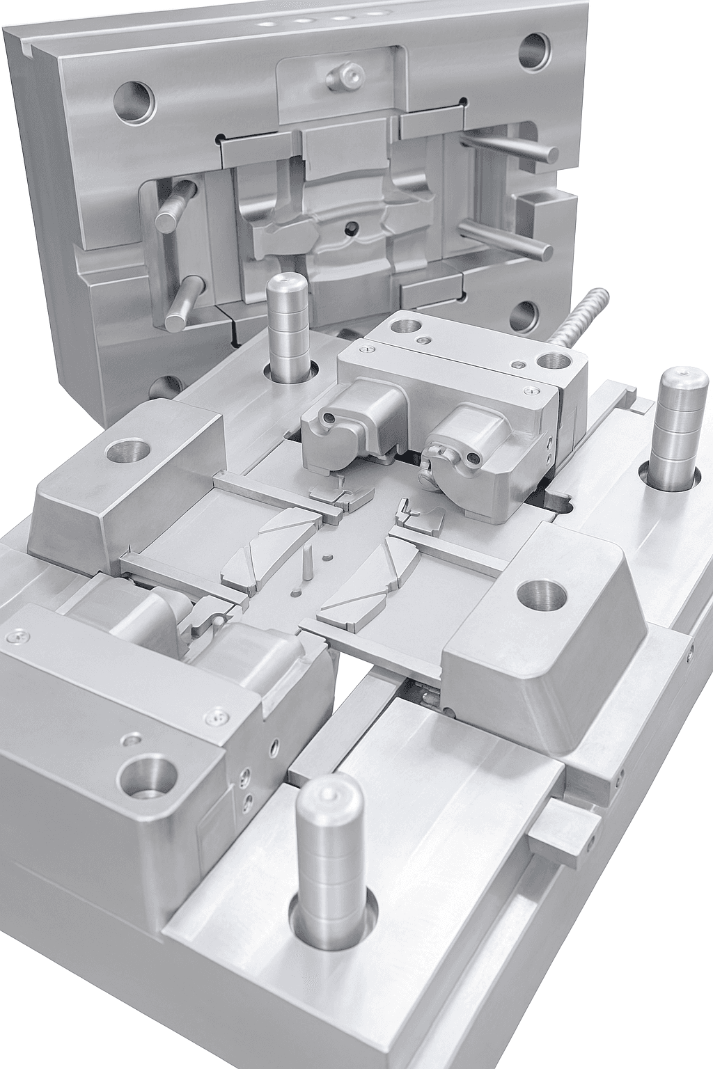 Exploded injection mold components — precision engineering